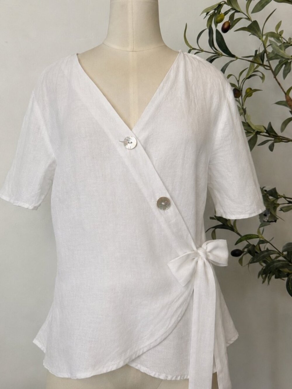 Source Unknown White Wrap-Style Linen Blouse with Side Tie